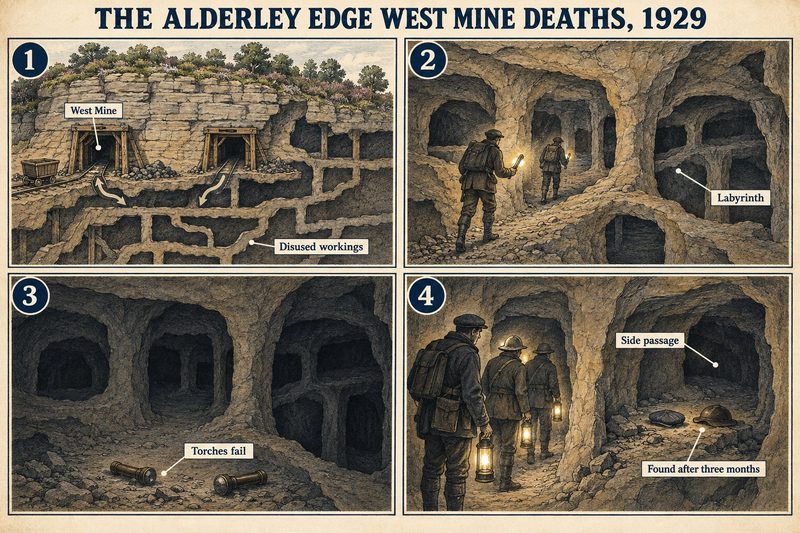 Four panels: two men entering the disused West Mine, the labyrinth of passages, their torches failing in the dark, and searchers finding the side passage three months later.