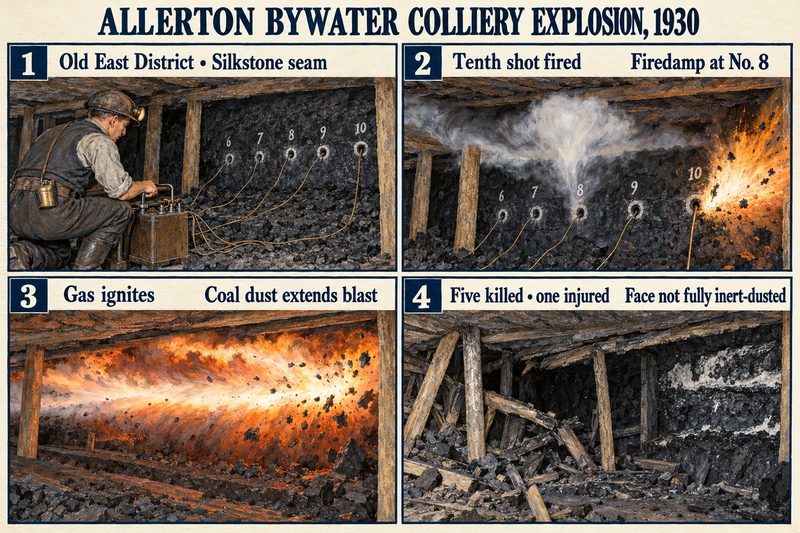 Four panels: a deputy firing shots at the Silkstone face, gas at No. 8 as the tenth shot fires, flame driven along by coal dust, and the wrecked roadway.