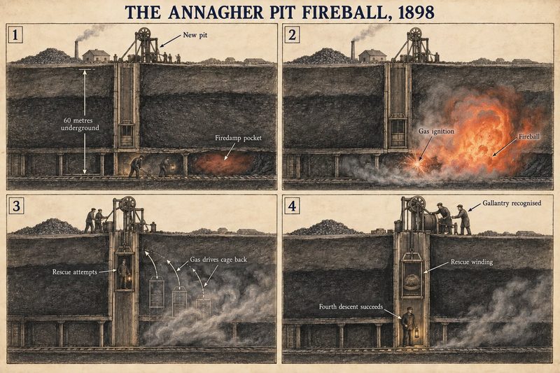 Four panels: miners sixty metres down beside a firedamp pocket, the gas igniting into a fireball, gas driving the cage back three times, and a fourth descent succeeding.