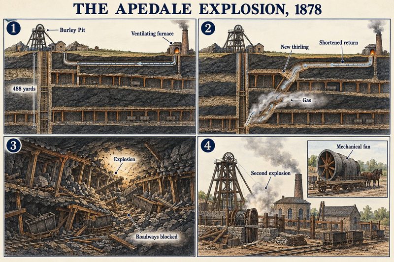 Four panels: the Burley Pit and its furnace, the new thirling in the airway, roadways blocked by the blast, and the fan arriving at the surface.