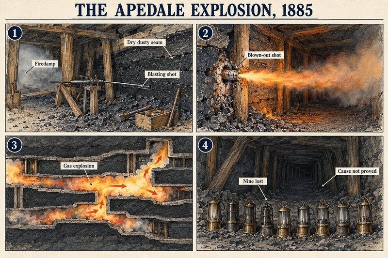 Four panels: a blasting shot in a dry dusty seam, the blown-out shot, the explosion spreading through the roadways, and nine lamps for the dead.