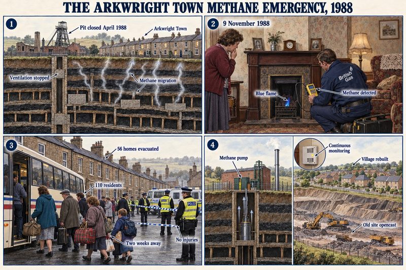 Four panels: methane rising from the closed pit's workings under the terraces, a blue flame in a fireplace, residents evacuated by bus, and the methane pump and rebuilt village.