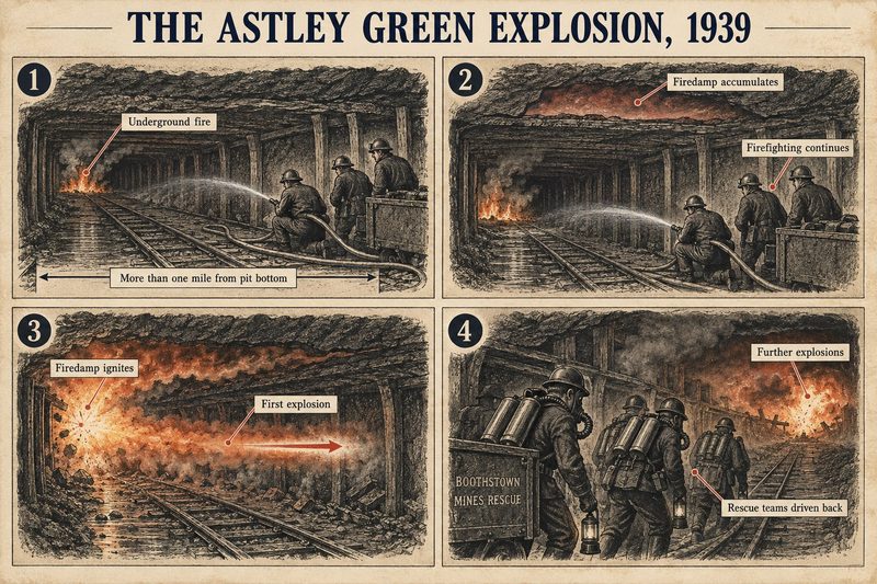 Four panels: men fighting an underground fire a mile from the pit bottom, firedamp gathering above them, the gas igniting, and rescue teams driven back by further explosions.