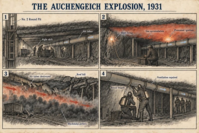 Four panels: the night shift beside the air tubes, shot firing near accumulated gas, the blast wrecking the tubes as blackdamp gathers, and a rescue brigade repairing the ventilation.