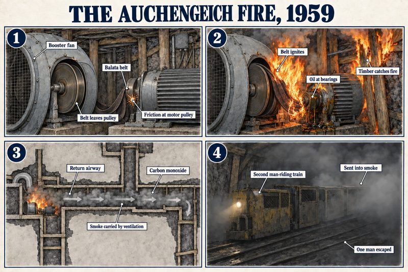 Four panels: a balata belt off the booster fan pulley rubbing the motor pulley, the belt and roadway timber alight, carbon monoxide filling the return airway, and the man-riding train run into it.