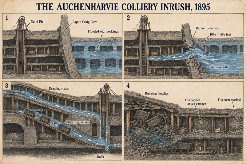 Four panels: flooded old workings behind a barrier, the barrier breached, water sweeping down the inclines into the dook, and runaway hutches beside a rescue passage.