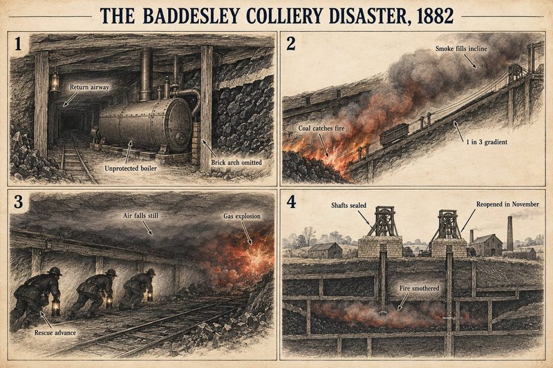 Four panels: an unprotected boiler in the return airway, coal alight and smoke filling the incline, rescuers advancing towards a gas explosion, and the shafts sealed to smother it.