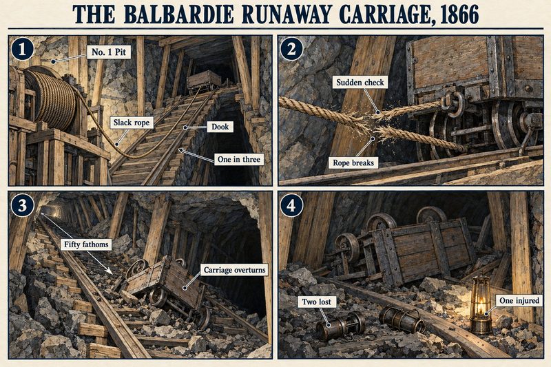 Four panels: the slack rope at the head of the one-in-three dook, the rope breaking under the sudden check, the carriage overturning fifty fathoms down, and the wreck with two lamps.