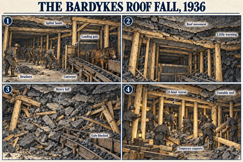 Four panels: brushers and a pony at a conveyor loading gate in the Splint Seam, the roof moving, a heavy fall burying the gate, and rescuers setting temporary supports.