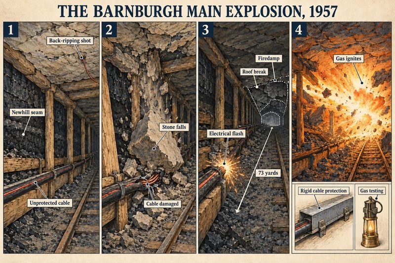 Four panels: a back-ripping shot above an unprotected cable, a fallen stone damaging the cable, the electrical flash, and the firedamp igniting 73 yards away.