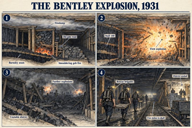 Four panels: firedamp over a smouldering gob fire in the Barnsley seam, the first explosion at stall 140, further explosions, and rescue brigades sealing the district two miles from the shaft.
