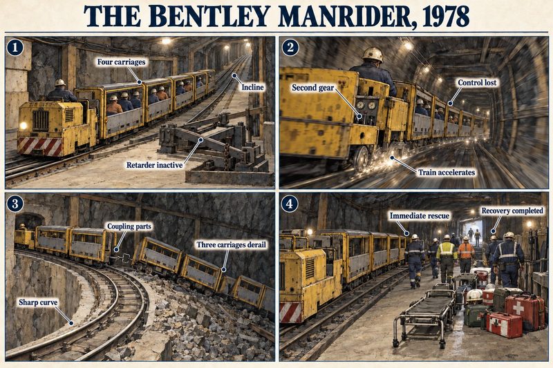 Four panels: a four-carriage manrider on an incline with the retarder inactive, the train accelerating in second gear, the coupling parting so three carriages derail on a sharp curve, and the rescue.