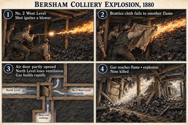 Four panels: a shot igniting a blower in No. 2 West Level, a collier beating at the flame with brattice cloth, a plan of the part-opened air door, and the wrecked roadway.