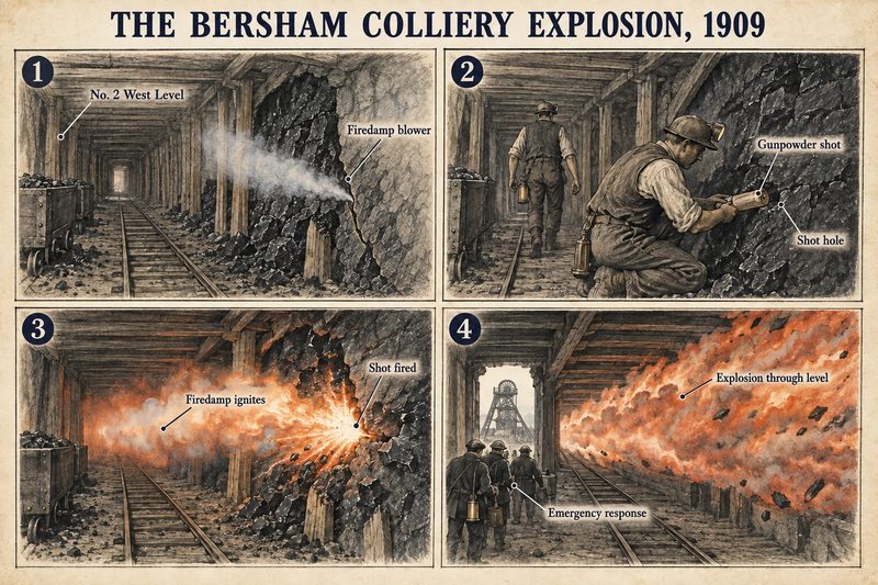 Four panels: a firedamp blower in the No. 2 West Level, a gunpowder shot charged, the shot igniting the gas, and flame driven the length of the level.