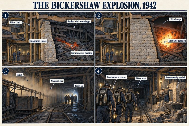 Four panels: spontaneous heating behind stoppings in sealed old workings of the Rise Unit, firedamp igniting, dust and noxious gas, and Boothstown rescuers sealing the West level.