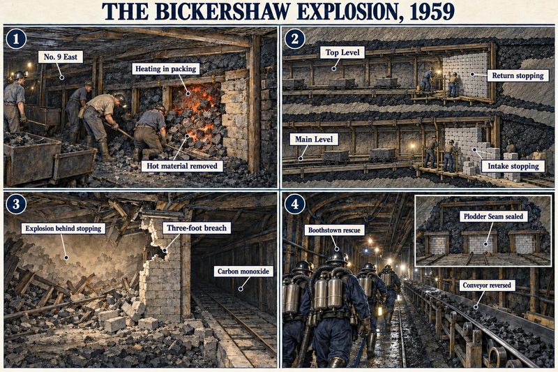 Four panels: heating in the packing at No. 9 East, stoppings on the top and main levels, an explosion breaching a stopping by three feet, and Boothstown rescuers sealing the Plodder Seam.