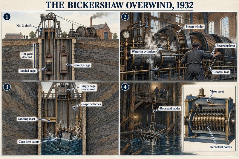 Four panels: the loaded cage in No. 3 shaft, the steam winder and reversing lever, the overwound cage plunging into the sump, and a rope-and-ladder rescue beside a visor device with 16 control points.