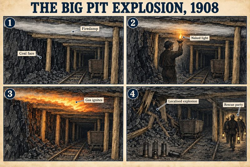 Four panels: firedamp gathered at the roof of a coal face, a naked light held up, the gas igniting, and the localised explosion with lamps scattered and a rescue party approaching.