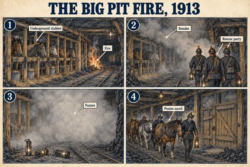 Four panels: fire near the underground stables, the rescue party going into the smoke, fumes filling the roadway with lamps left on the floor, and the ponies led out alive.