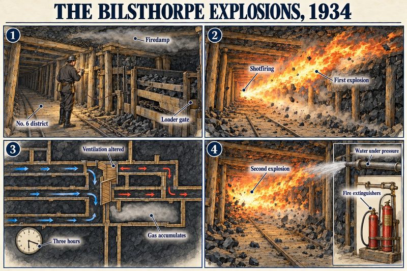 Four panels: shotfiring in the loader gate, the first explosion of firedamp, ventilation altered afterwards, and a second explosion three hours later.