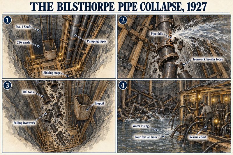 Four panels: sinkers on the staging and in a hoppit, a pumping pipe bursting high in the shaft, piping crashing down, and rescuers against rising water.