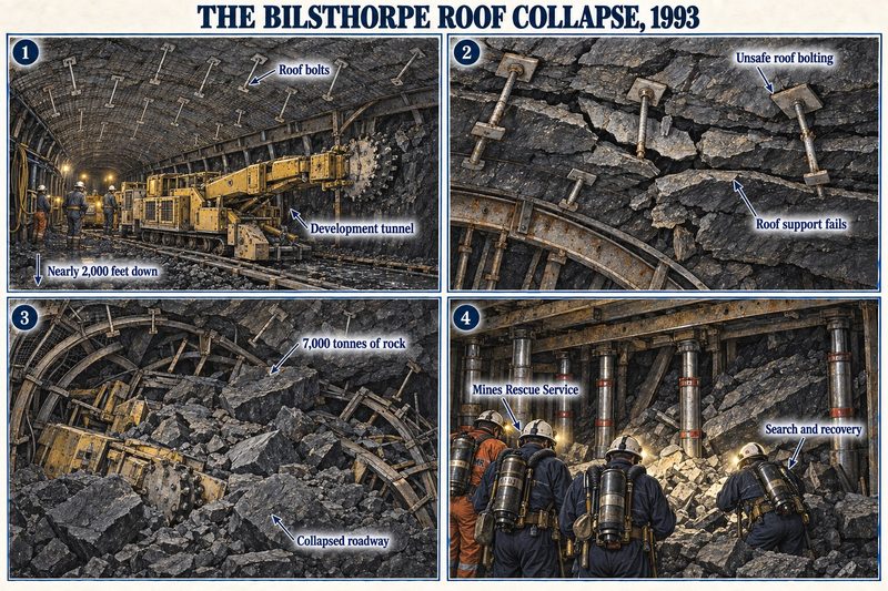 Four panels: a development tunnel nearly 2,000 feet down, unsafe roof bolting giving way, 7,000 tonnes of rock burying the roadway, and the Mines Rescue Service searching the fall.