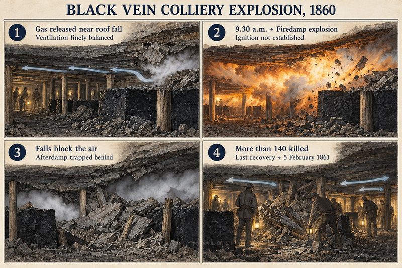 Four panels: gas released near a roof fall, the firedamp explosion, falls blocking the air with afterdamp behind, and searchers among the debris.
