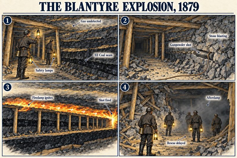 Four panels: men with safety lamps in the Ell Coal seam, a gunpowder shot set in stone, firedamp igniting along the roadway, and men going into afterdamp.