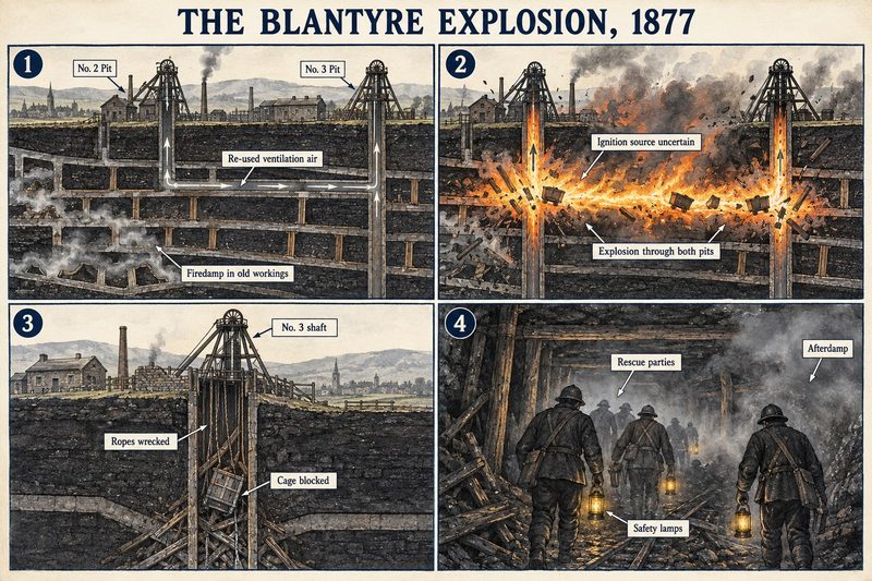 Four panels: air from No. 3 pit re-used to ventilate No. 2 over firedamp in old workings, the explosion through both pits, wrecked ropes and a blocked cage, and rescue parties in afterdamp.