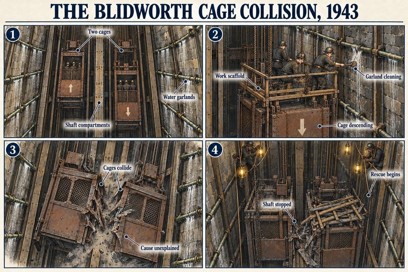 Four panels: two cages in a shaft lined with water garlands, men cleaning a garland from a scaffold on a descending cage, the cages colliding, and the rescue.