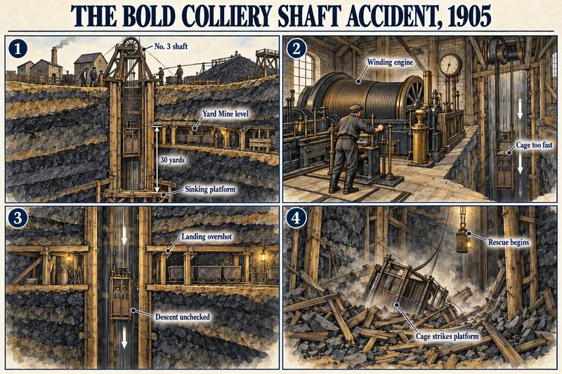 Four panels: No. 3 shaft with a sinking platform 30 yards below the Yard Mine level, the winding engine, the cage passing the landing unchecked, and the wrecked cage on the platform.