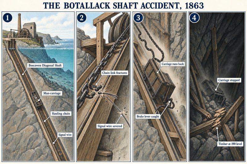 Four panels: the man-carriage on the Boscawen Diagonal Shaft under the sea, the hauling chain link breaking and cutting the signal wire, the carriage running back, and its wreck against timber.