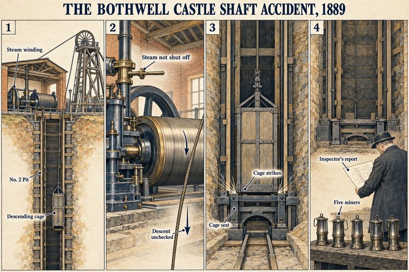 Four panels: a cage descending No. 2 Pit, the engineman's steam left on, the cage striking its seat at the pit bottom, and an inspector's report beside five lamps.