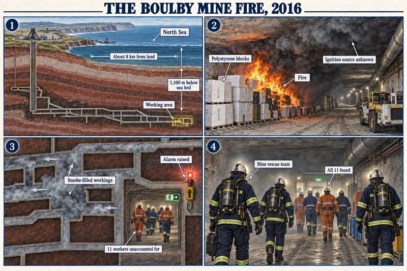 Four panels: workings 1,100 m below the sea bed 8 km out, polystyrene blocks on fire, the alarm raised with 11 workers unaccounted for, and the rescue team finding all 11.