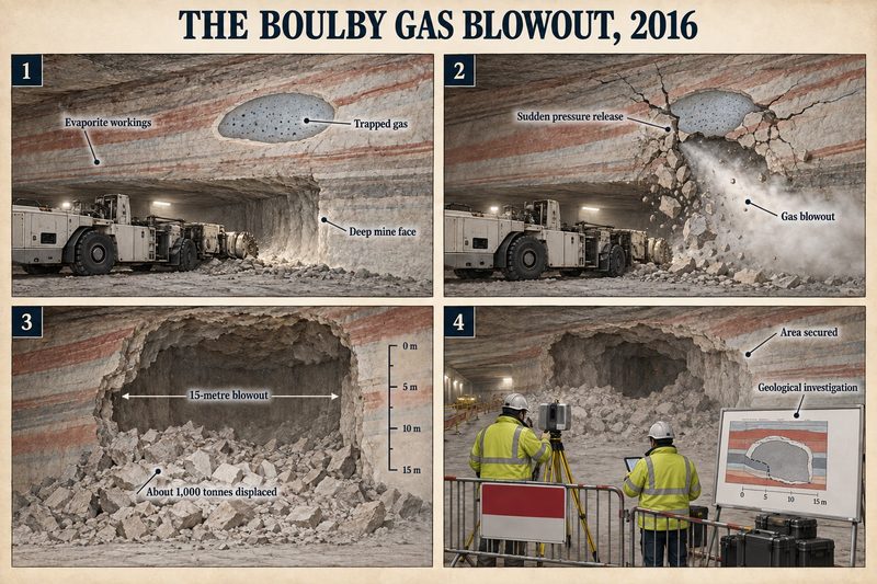 Four panels: trapped gas behind the deep mine face, a sudden pressure release, the fifteen-metre cavity with about a thousand tonnes displaced, and investigators surveying it.