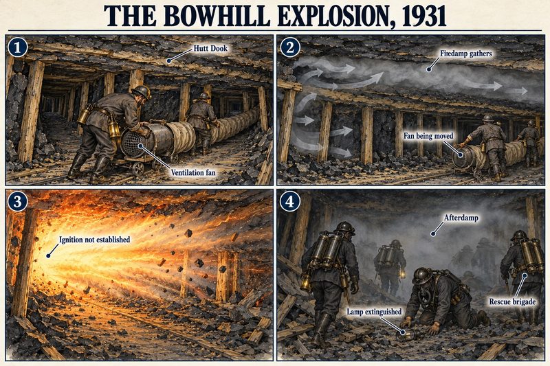 Four panels: men moving a ventilation fan in the Hutt Dook, firedamp gathering at the roof, the explosion, and a rescue brigade in afterdamp beside an extinguished lamp.