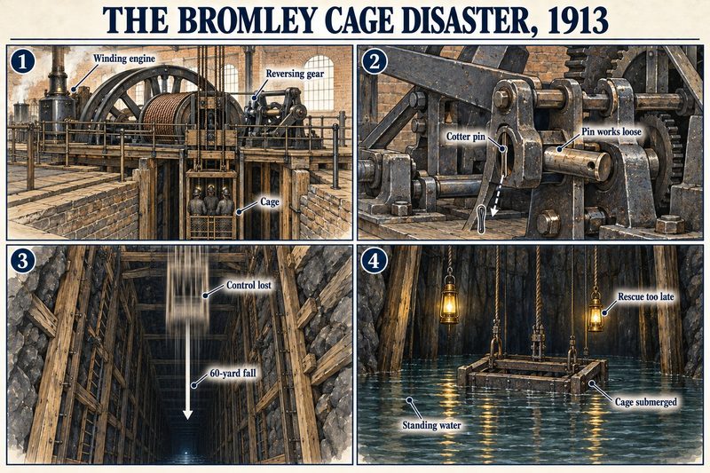 Four panels: the winding engine and its reversing gear, the cotter pin working loose, the cage falling 60 yards, and the cage under standing water.