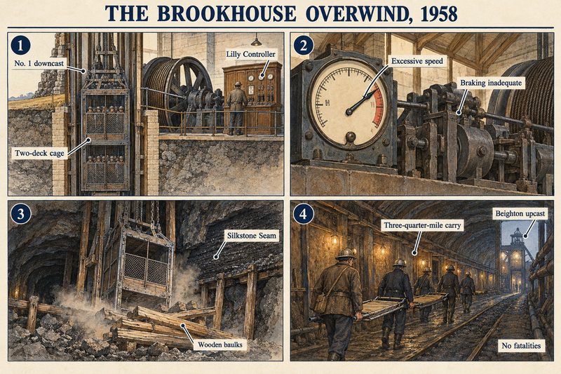 Four panels: the two-deck cage and Lilly Controller, a speed gauge in the red, the cage on wooden baulks, and stretcher parties walking to the Beighton shaft.