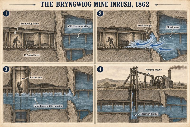 Four panels: a miner on the 132-yard level beside flooded old workings, the breakthrough, the mine filling within minutes as a man climbs an escape rope, and a pumping engine at work.