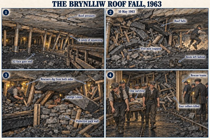 Four panels: props squeezed at the S2 face gate end, the roof falling as a man jumps clear, the undermanager walled in by a pack of stones, and his rescue on a stretcher.