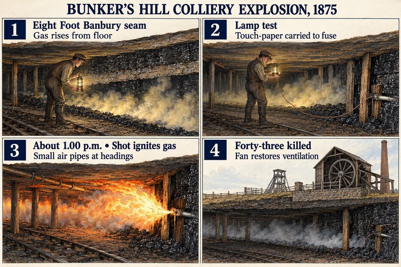 Four panels: gas rising from the floor of the Eight Foot Banbury seam, a fireman carrying lit touch-paper to a fuse, the shot igniting gas, and the fan at the surface.