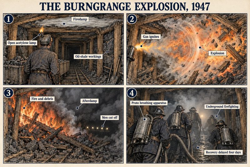 Four panels: an open acetylene cap lamp below firedamp in the oil-shale workings, the ignition, fire and afterdamp cutting men off, and rescuers in Proto apparatus.