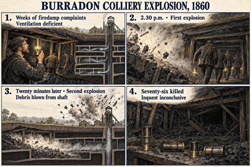 Four panels: a man testing for firedamp with his lamp, a party walking in after the first explosion, debris blown from the shaft by the second, and lamps in the wreckage.
