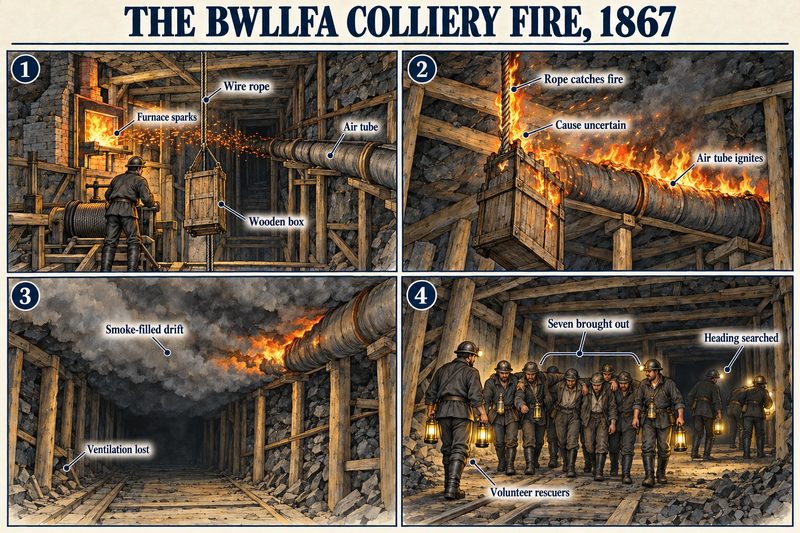 Four panels: a wire rope lowered in a wooden box near the furnace, sparks setting it alight, smoke from the air tubes filling the drift, and the rescue.