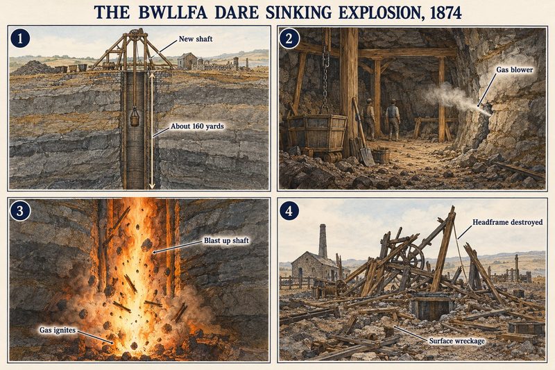 Four panels: the new shaft about 160 yards deep, sinkers meeting a gas blower, the gas igniting up the shaft, and the wrecked headframe.