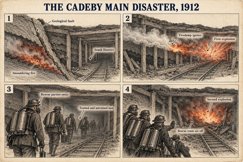 Four panels: a fire smouldering at a geological fault, firedamp igniting, rescue parties going in, and a second explosion cutting off their route.