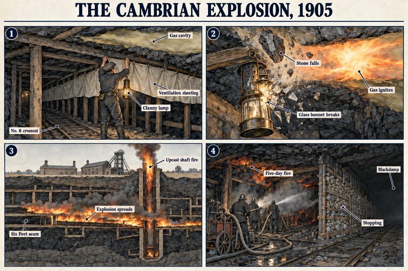 Four panels: a bratticeman's Clanny lamp at the No. 6 crosscut, a falling stone breaking its glass, the explosion spreading through the Six Feet seam and up the shaft, and the five-day fire fought.