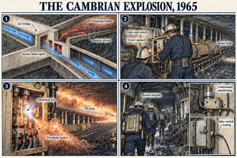 Four panels: an air bridge with open access holes letting firedamp build, a gate-end switch cover opened beside a faulty motor, an electrical arc igniting gas over 325 yards, and the rescue.