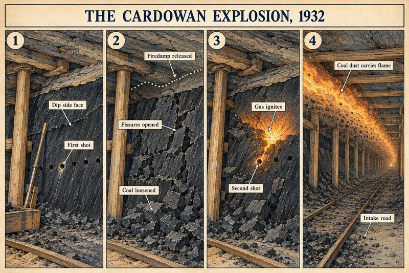 Four panels: a dip-side face with the first shot, firedamp released from opened fissures, the second shot igniting gas, and coal dust carrying flame along the intake road.