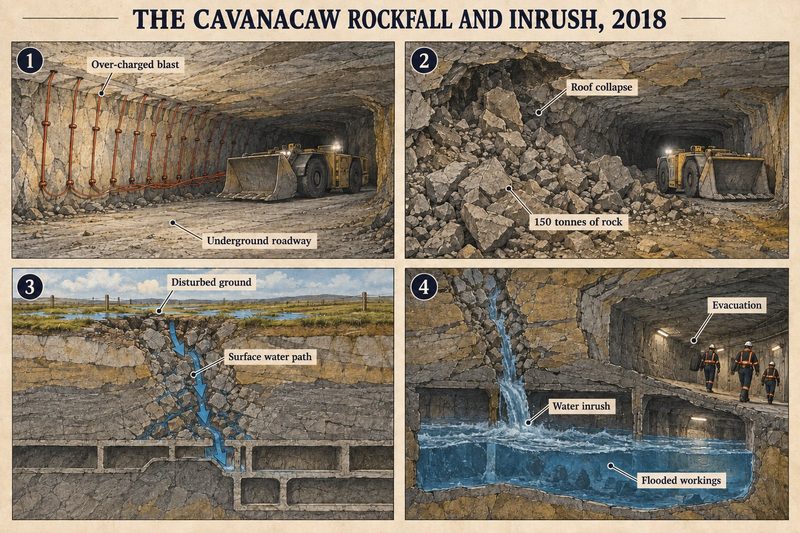 Four panels: an over-charged blast in a roadway, the roof dropping 150 tonnes of rock, surface water finding a path down, and the flooded workings being evacuated.
